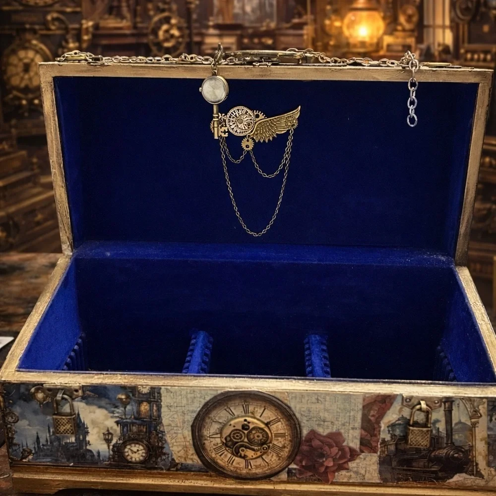 Steampunk Jewelry Box #3 Handmade Vintage Victorian Gear Decor Blue Velvet int